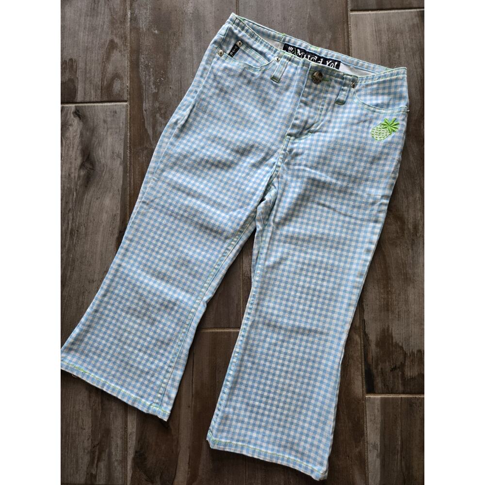 Y2K Mudd Yo Girls Gingham Stretch Denim Jeans Pineapple Embroidered Size 10 Rare